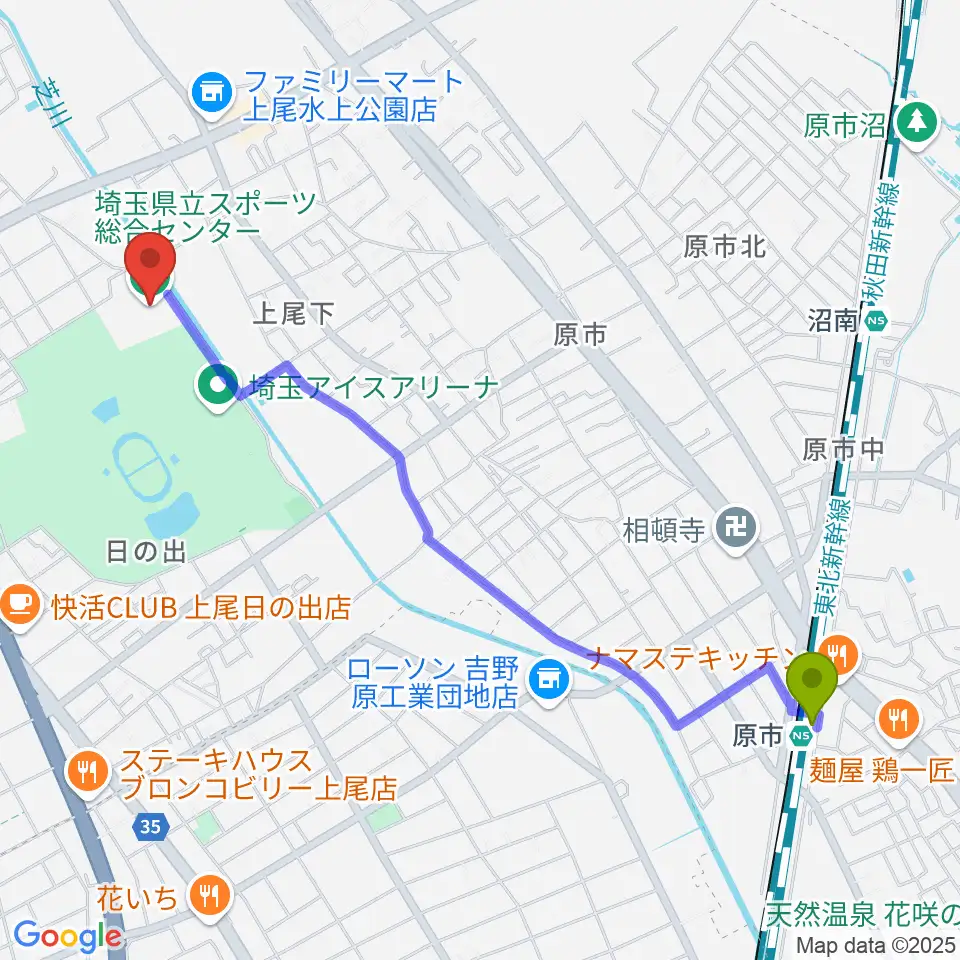 原市駅から埼玉県立スポーツ総合センターへのルートマップ地図