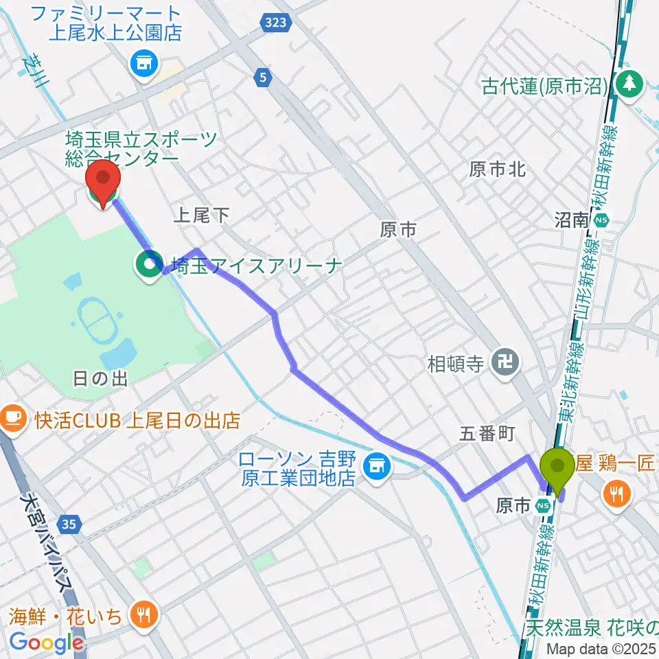 原市駅から埼玉県立スポーツ総合センターへのルートマップ地図