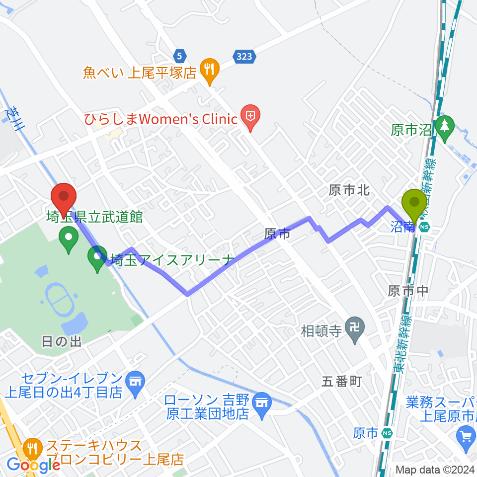 埼玉県立スポーツ総合センターの最寄駅沼南駅からの徒歩ルート（約23分）地図