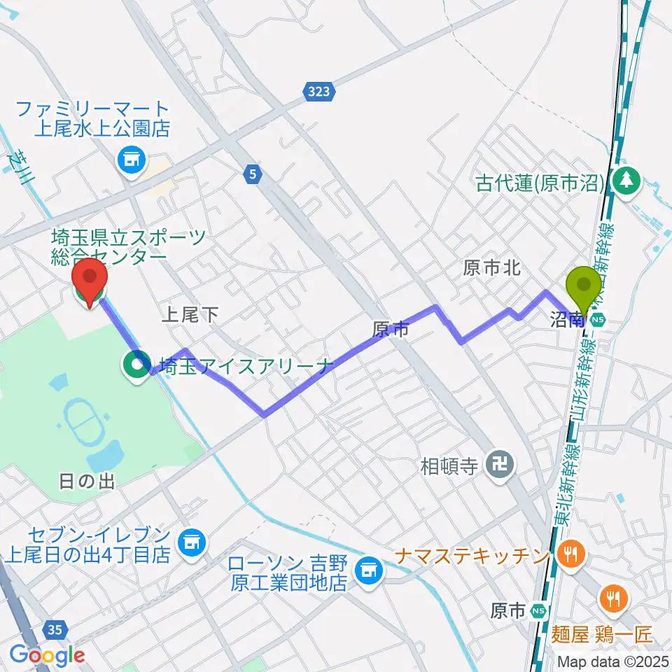 埼玉県立スポーツ総合センターの最寄駅沼南駅からの徒歩ルート（約23分）地図