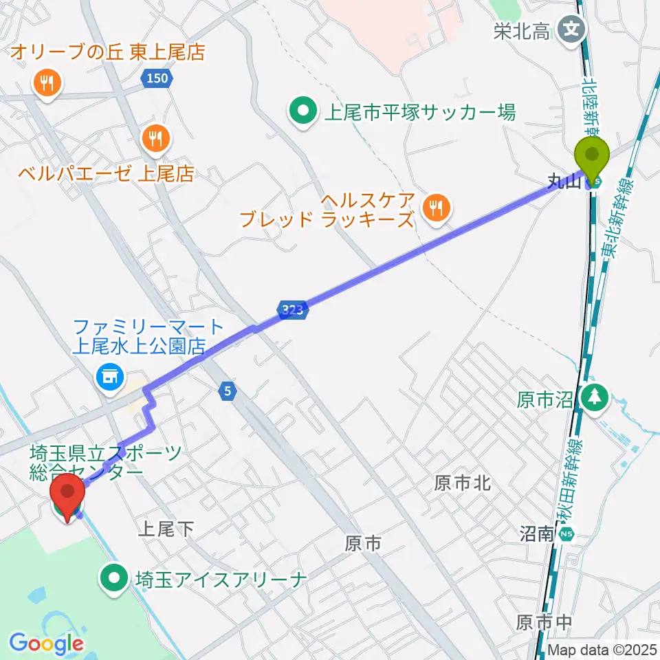 丸山駅から埼玉県立スポーツ総合センターへのルートマップ地図