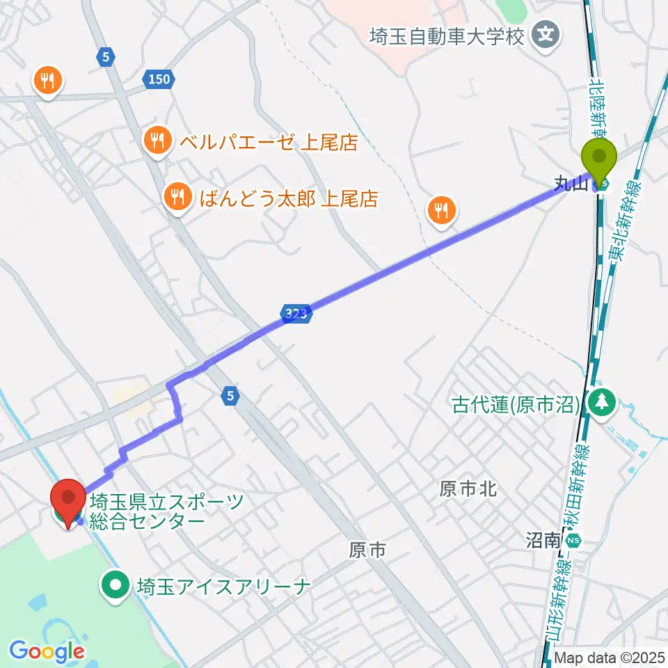 丸山駅から埼玉県立スポーツ総合センターへのルートマップ地図