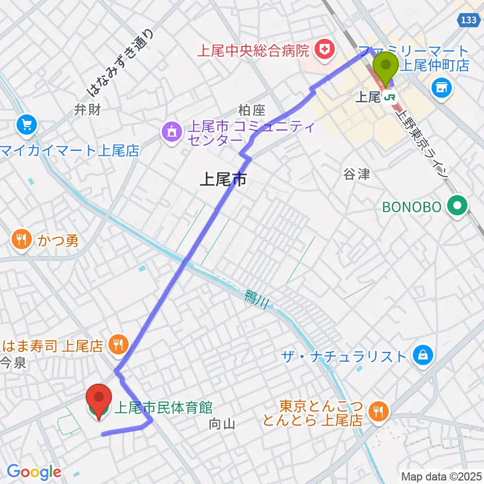 上尾市民体育館の最寄駅上尾駅からの徒歩ルート（約28分）地図