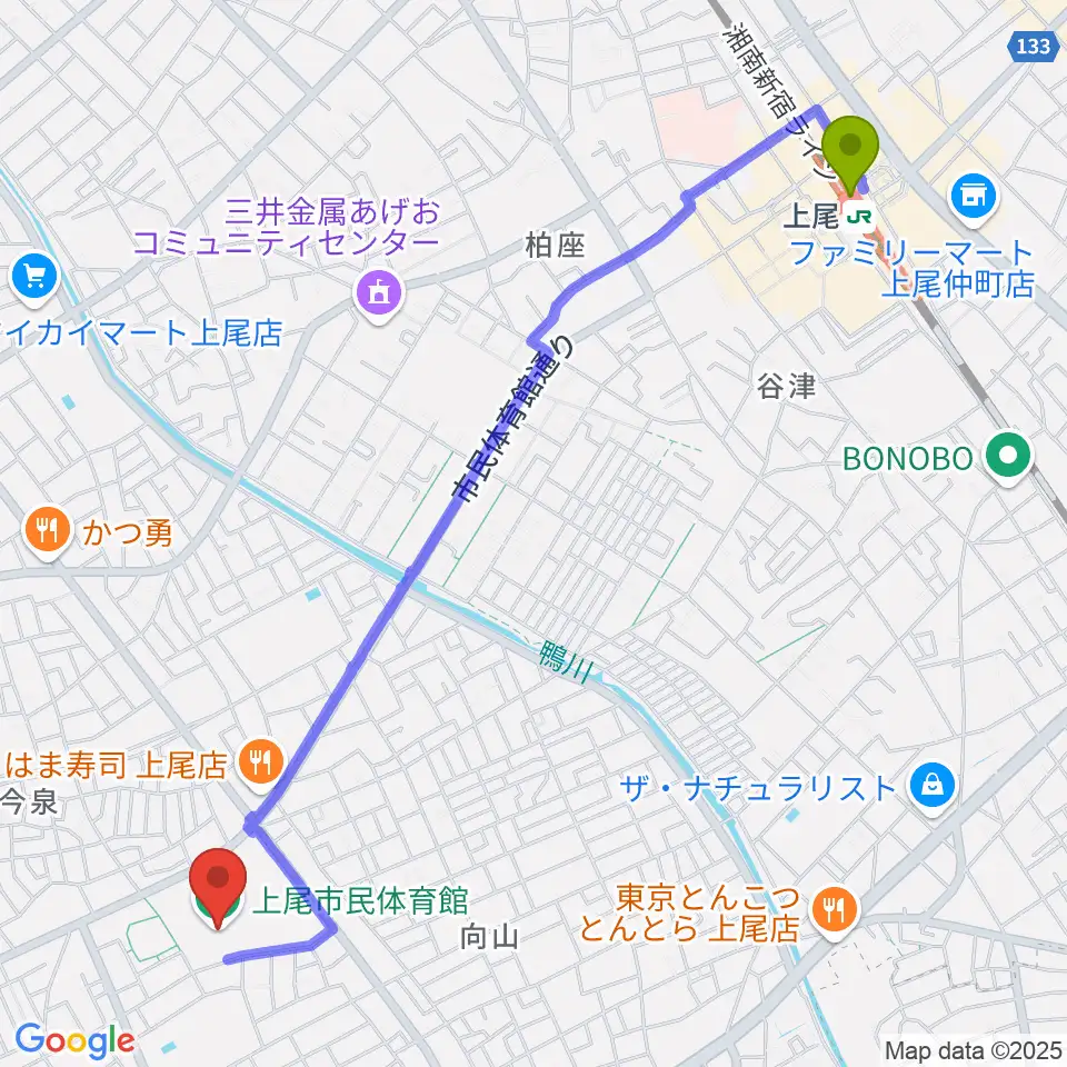 上尾市民体育館の最寄駅上尾駅からの徒歩ルート（約28分）地図