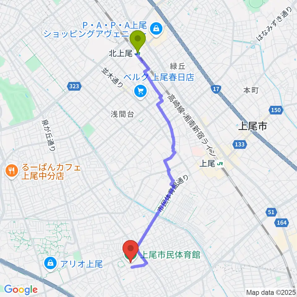 北上尾駅から上尾市民体育館へのルートマップ地図