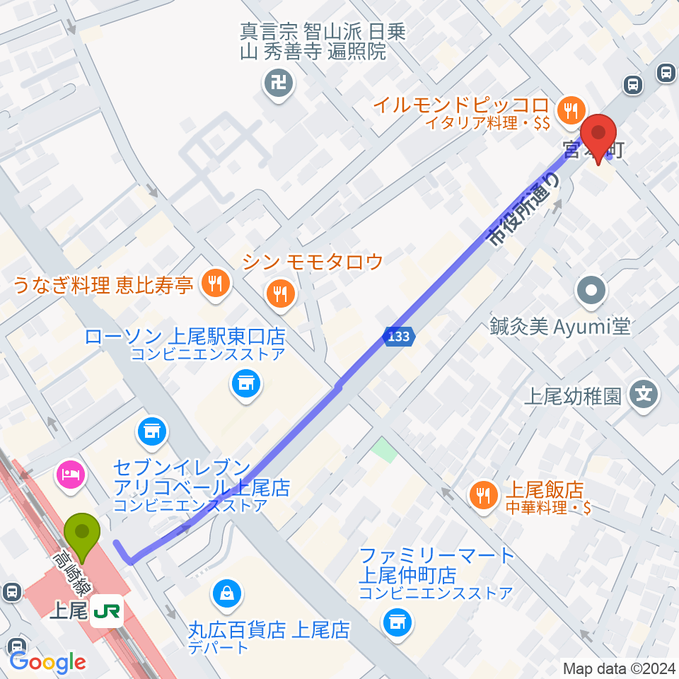 ニコニコ堂上尾センターの最寄駅上尾駅からの徒歩ルート（約7分）地図