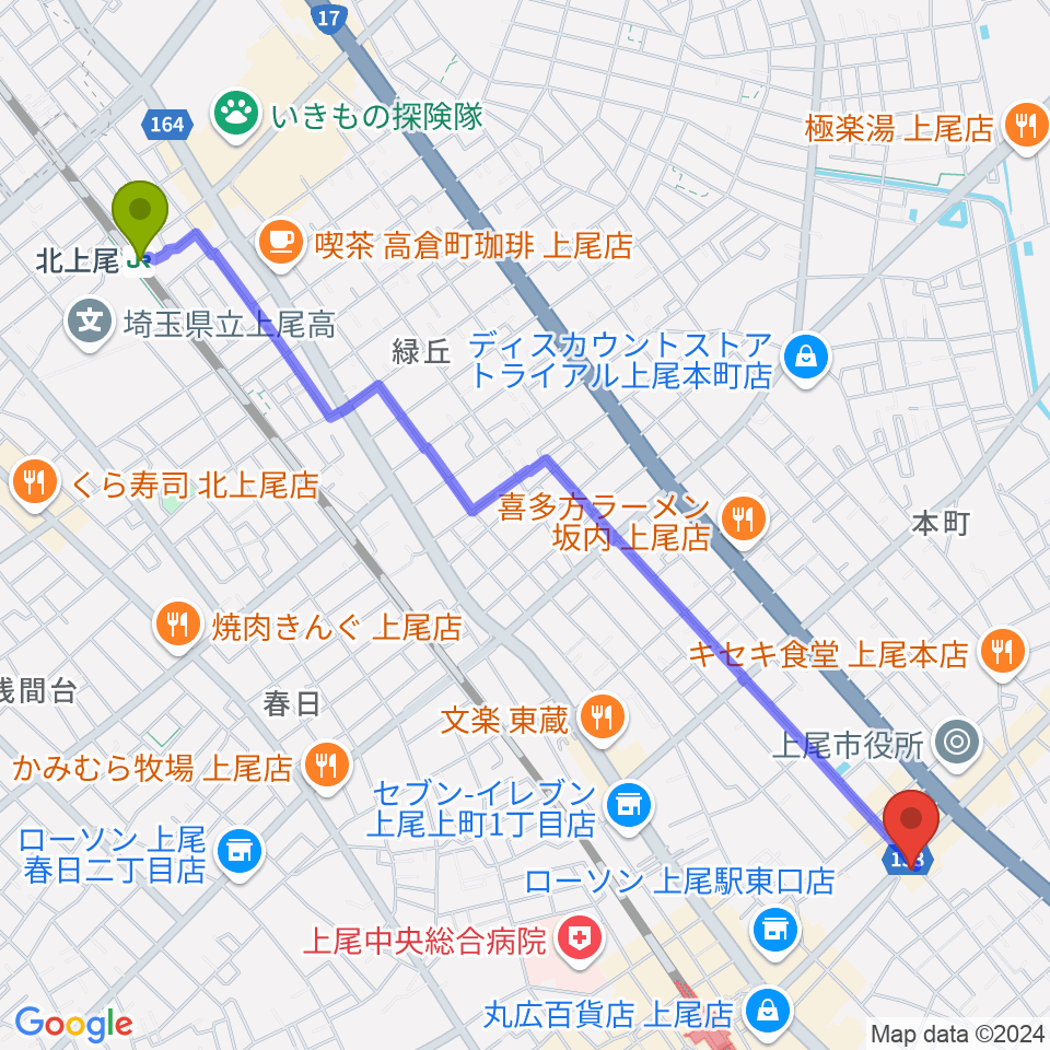 北上尾駅からニコニコ堂上尾センターへのルートマップ地図