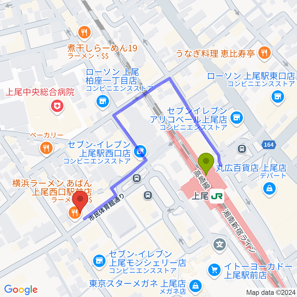 Dover Guitar Shopの最寄駅上尾駅からの徒歩ルート（約3分）地図