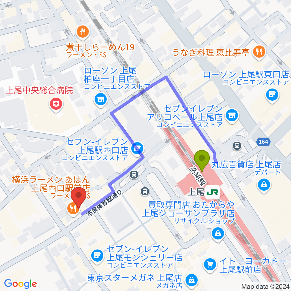 Dover Guitar Shopの最寄駅上尾駅からの徒歩ルート（約3分）地図