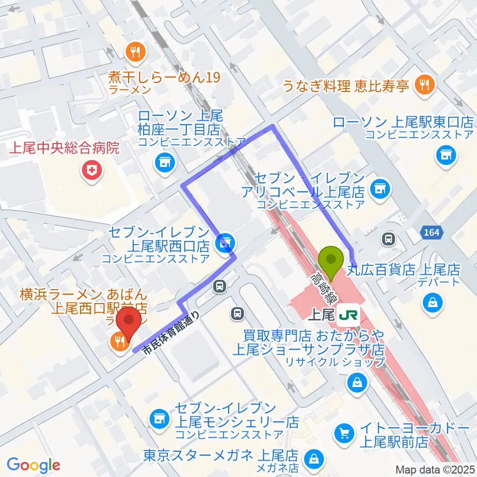 Dover Guitar Shopの最寄駅上尾駅からの徒歩ルート（約3分）地図