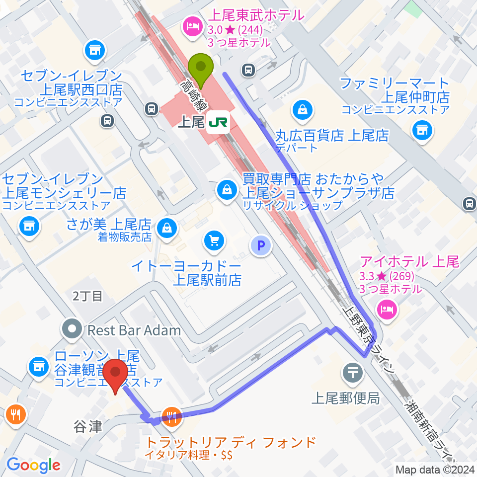 上尾Jannyの最寄駅上尾駅からの徒歩ルート（約5分）地図