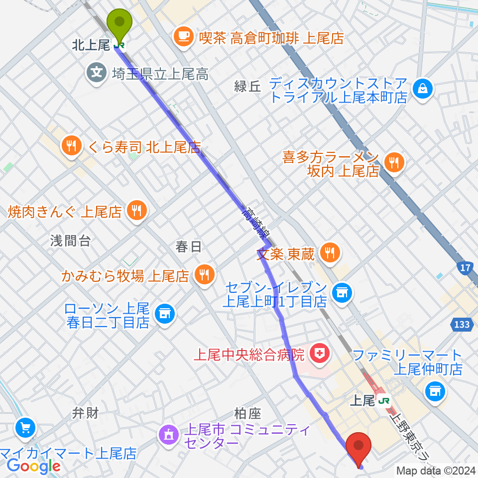 北上尾駅から上尾Jannyへのルートマップ地図