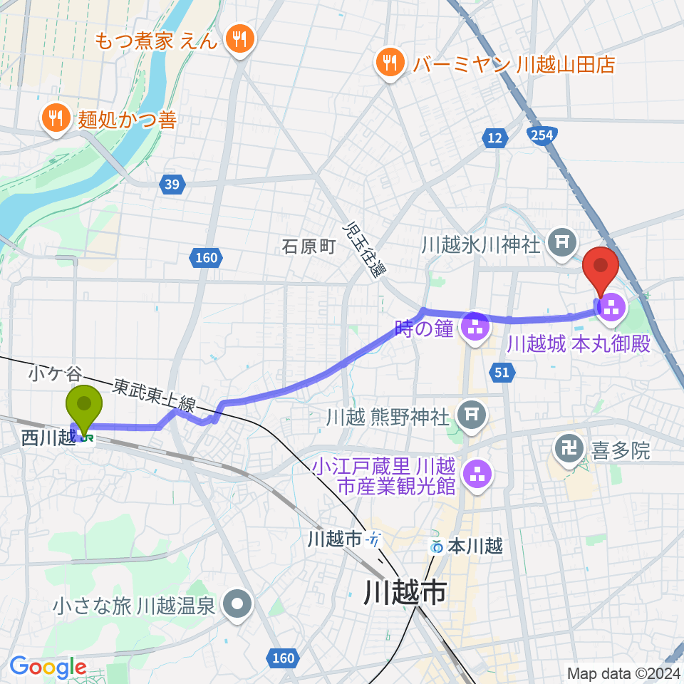 西川越駅から川越市立美術館へのルートマップ地図