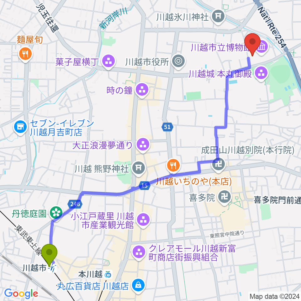 川越市駅から川越市立美術館へのルートマップ地図