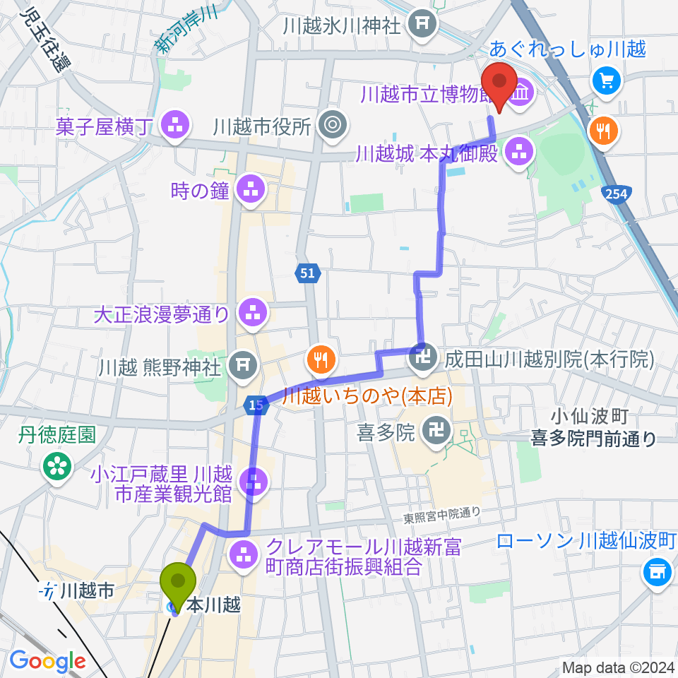 川越市立美術館の最寄駅本川越駅からの徒歩ルート（約27分）地図