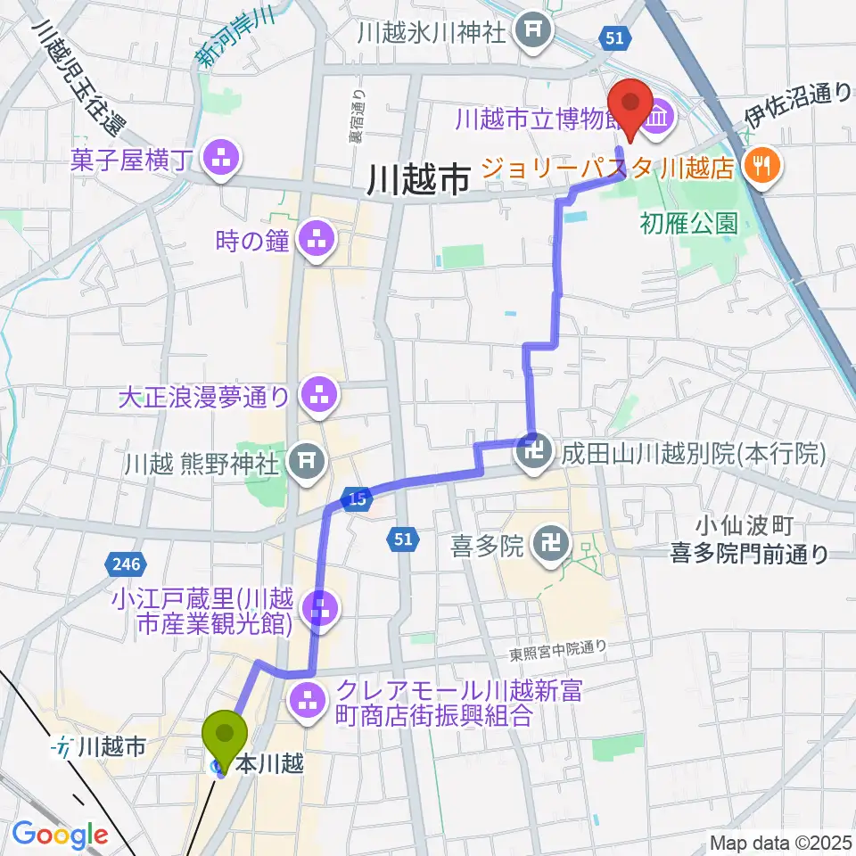 川越市立美術館の最寄駅本川越駅からの徒歩ルート（約27分）地図