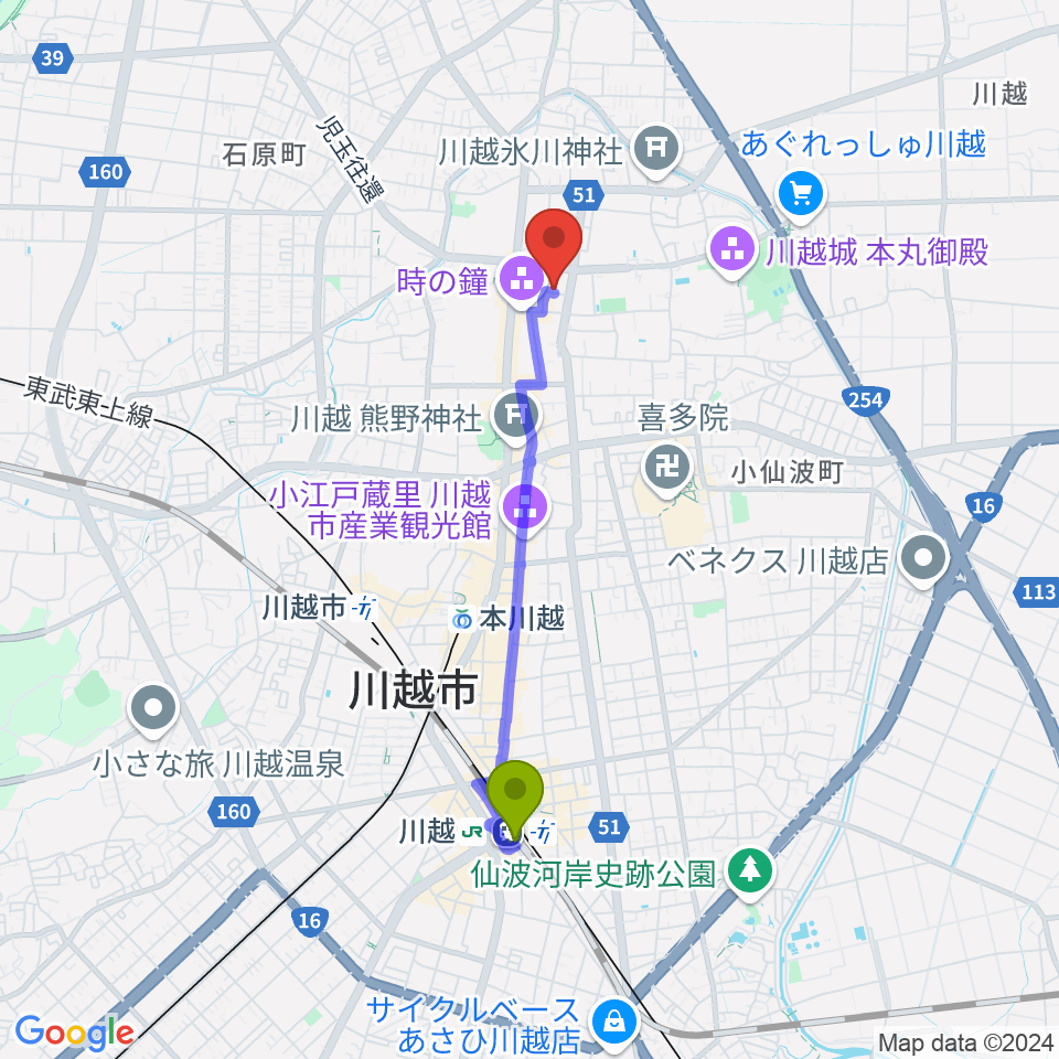 川越駅から川越スカラ座へのルートマップ地図