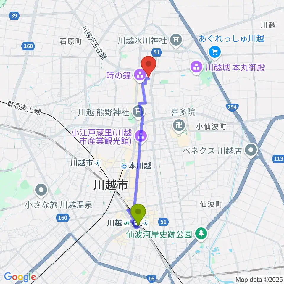 川越駅から川越スカラ座へのルートマップ地図