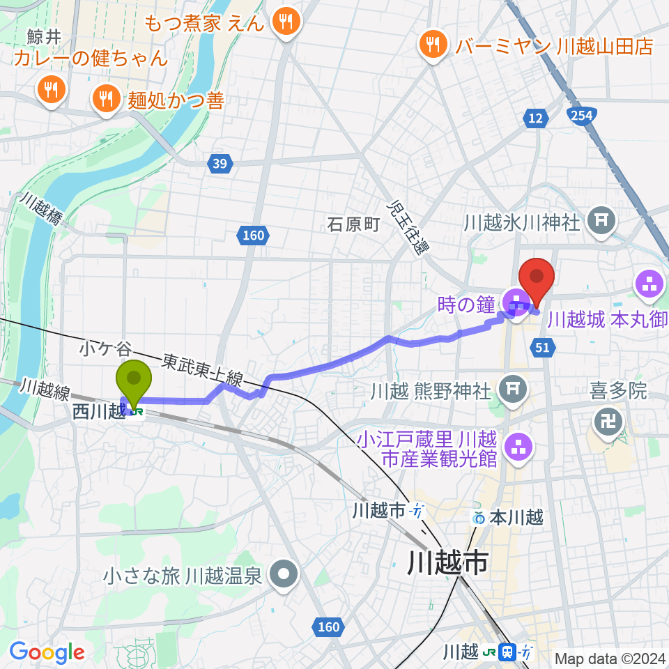 西川越駅から川越スカラ座へのルートマップ地図