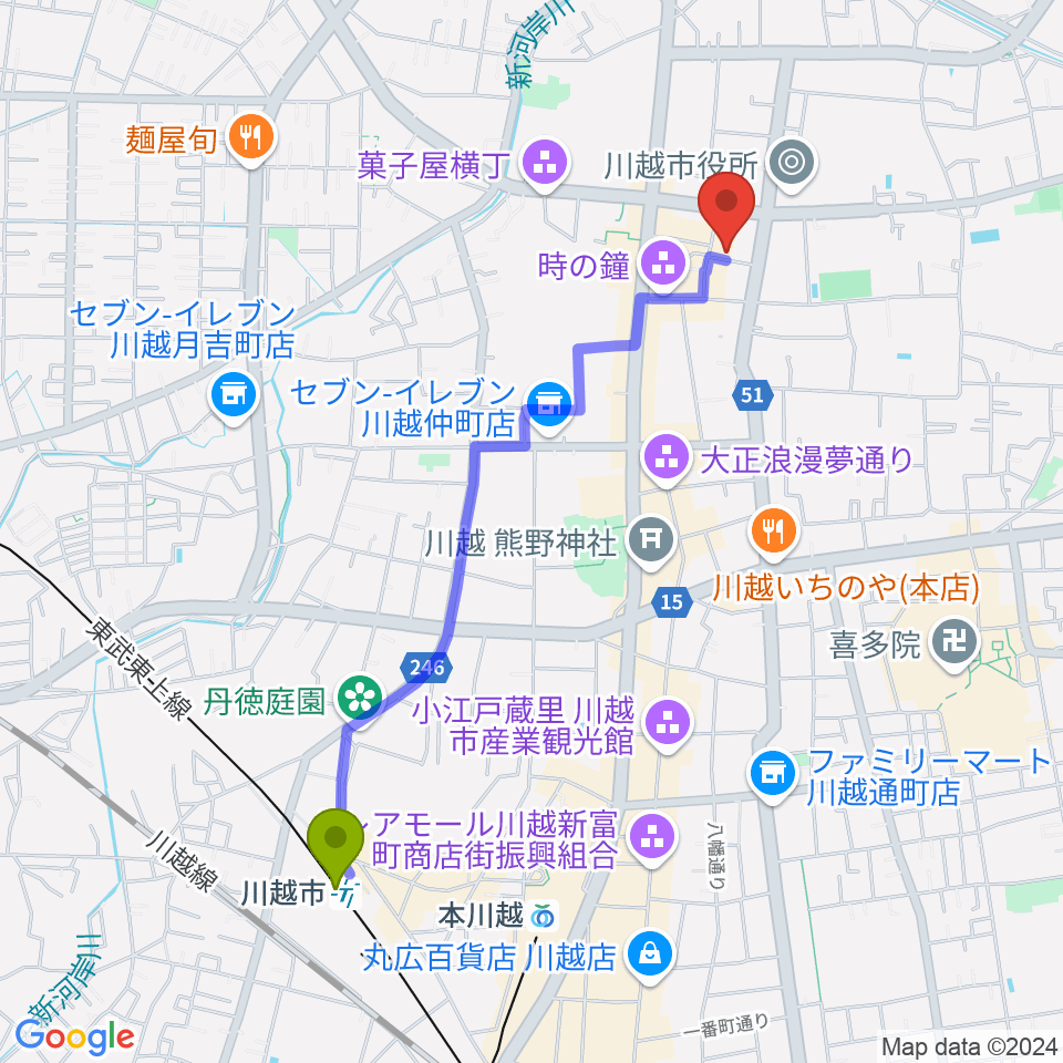 川越市駅から川越スカラ座へのルートマップ地図