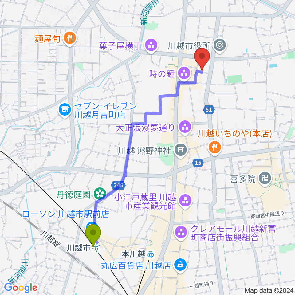 川越市駅から川越スカラ座へのルートマップ地図