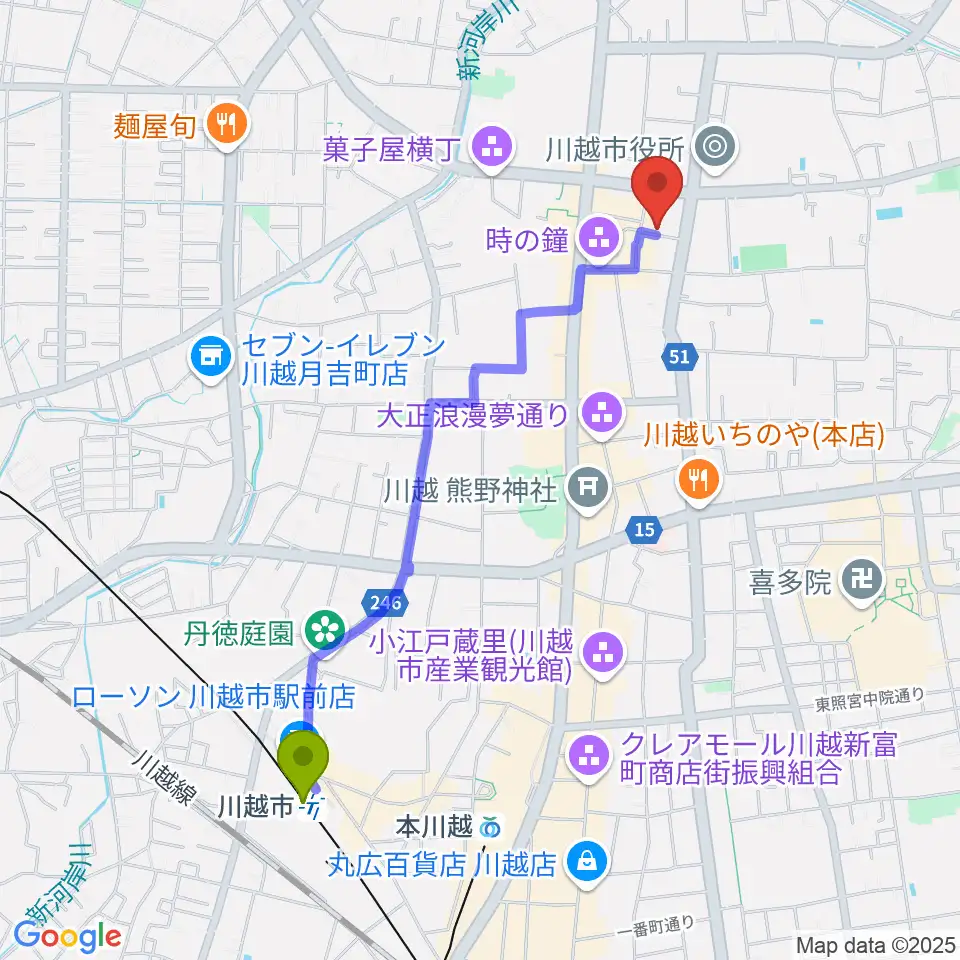 川越市駅から川越スカラ座へのルートマップ地図