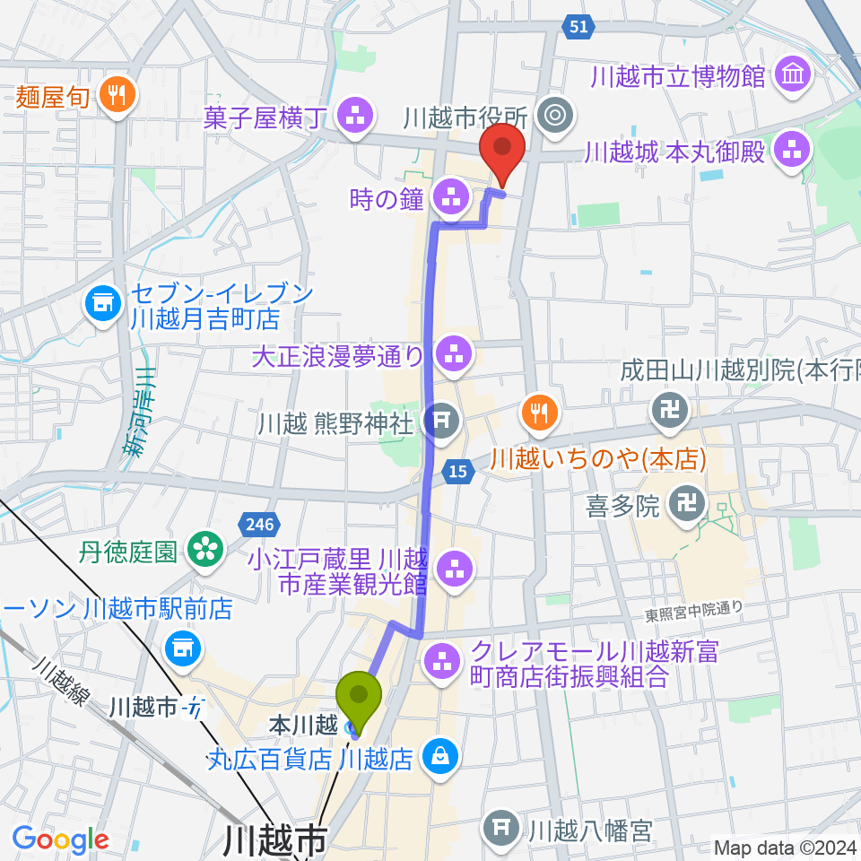 川越スカラ座の最寄駅本川越駅からの徒歩ルート 約分 Mdata