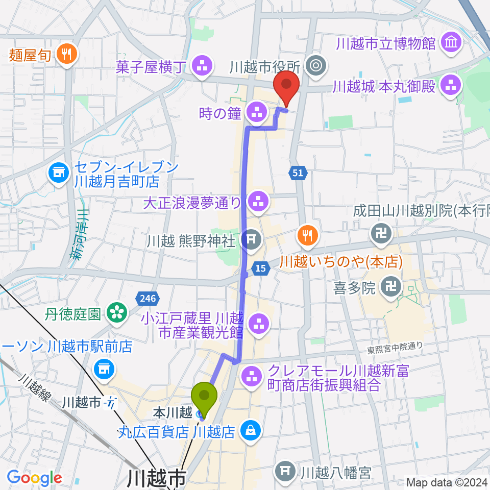 川越スカラ座の最寄駅本川越駅からの徒歩ルート（約20分）地図