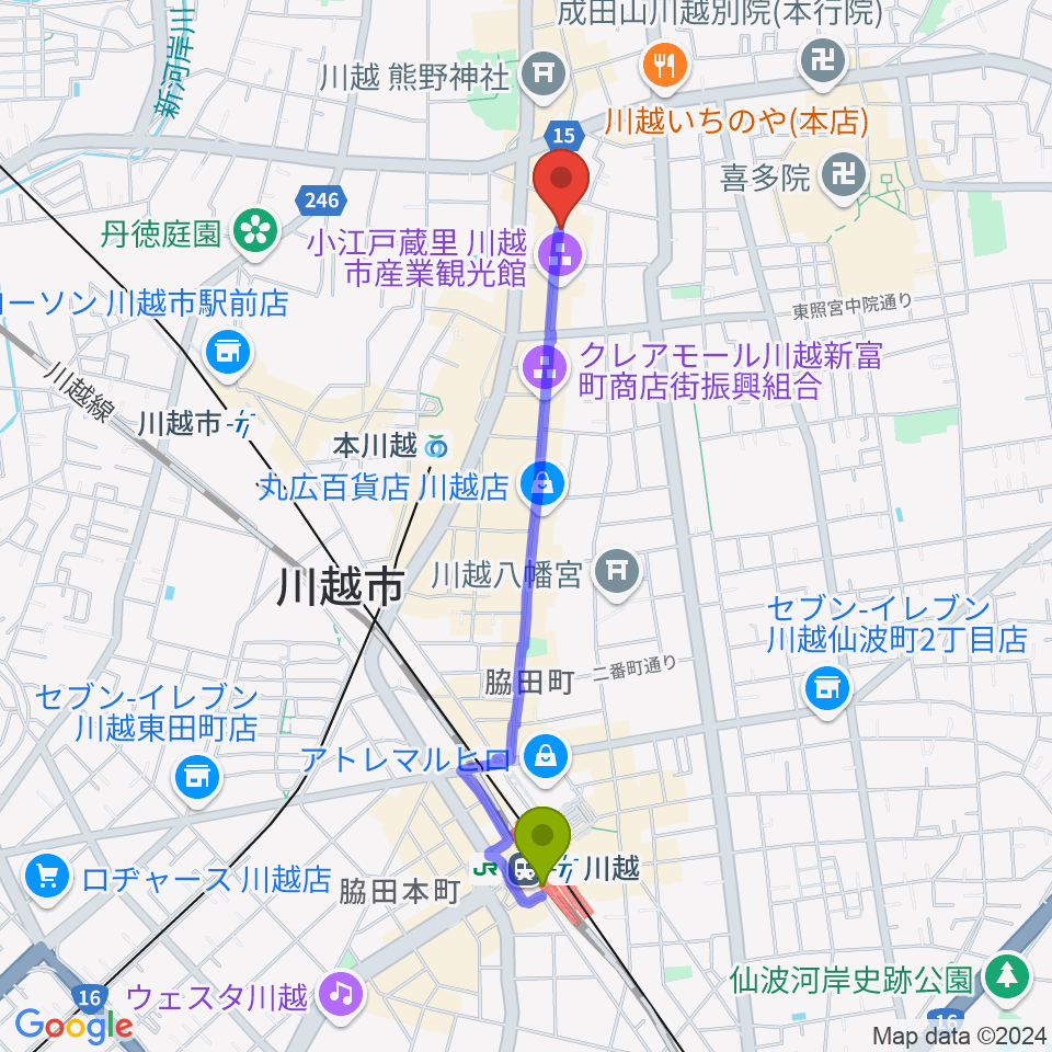 川越駅から小江戸座へのルートマップ地図