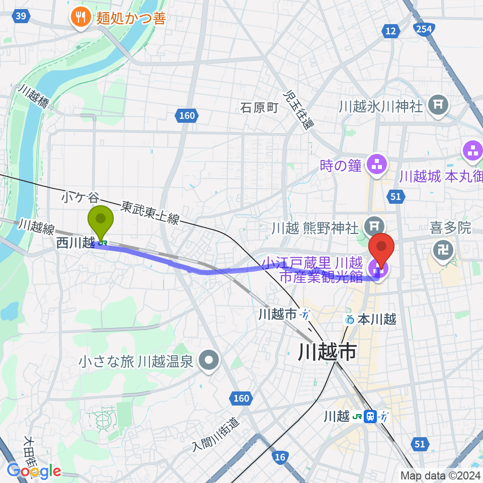 西川越駅から小江戸座へのルートマップ地図