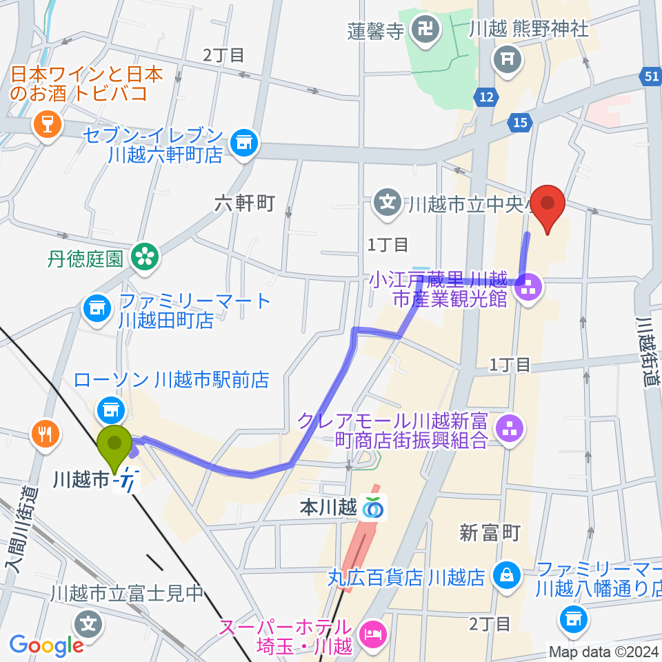 川越市駅から小江戸座へのルートマップ地図