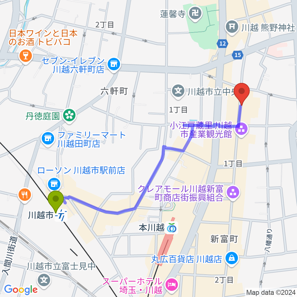 川越市駅から小江戸座へのルートマップ地図