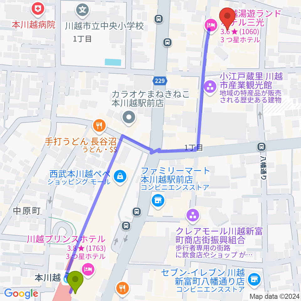 小江戸座の最寄駅本川越駅からの徒歩ルート（約8分）地図