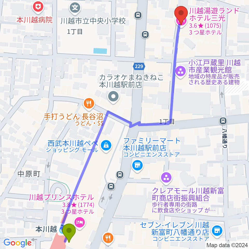 小江戸座の最寄駅本川越駅からの徒歩ルート（約8分）地図