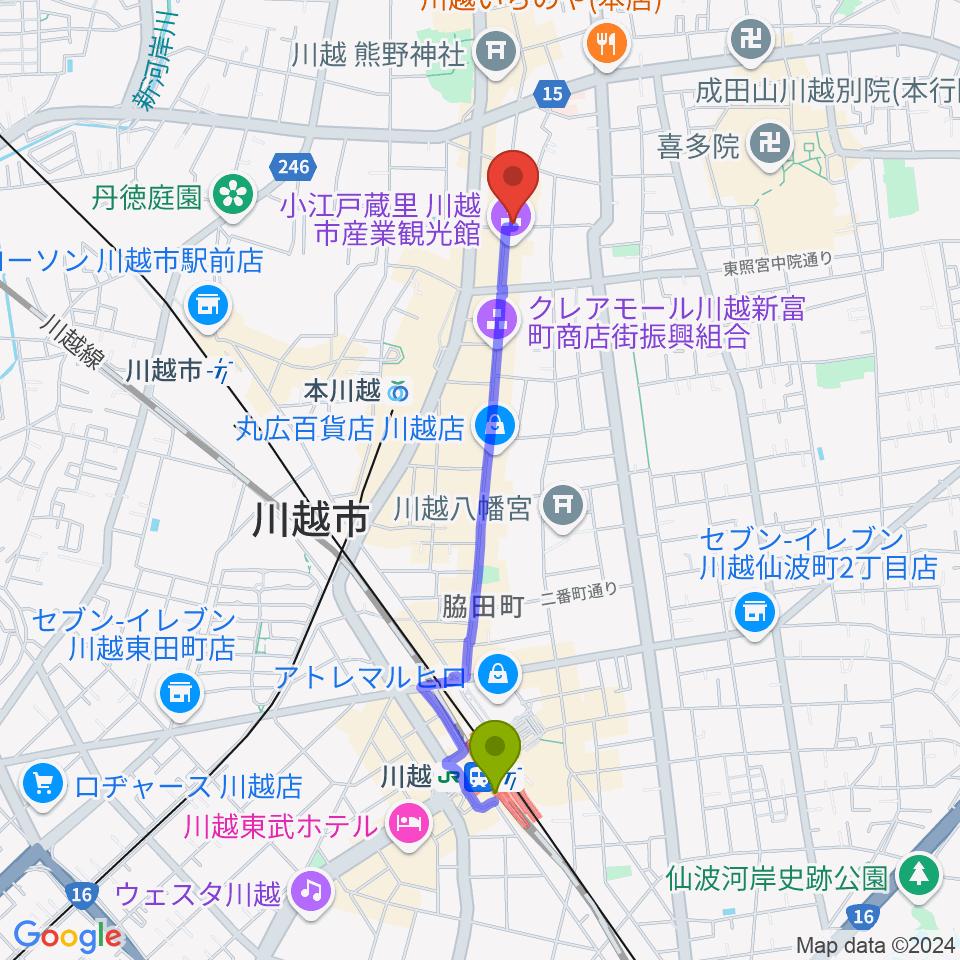 川越駅からカワイ音楽教室川越センターへのルートマップ地図