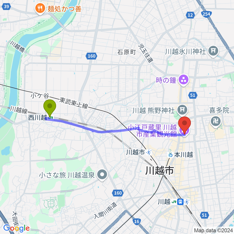 西川越駅からカワイ音楽教室川越センターへのルートマップ地図