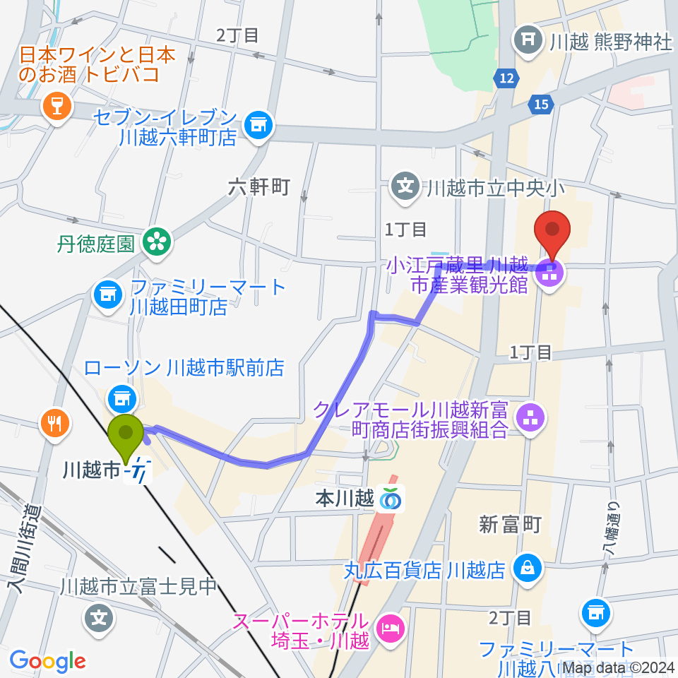 川越市駅からカワイ音楽教室川越センターへのルートマップ地図