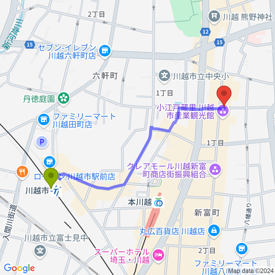 川越市駅からカワイ音楽教室川越センターへのルートマップ地図