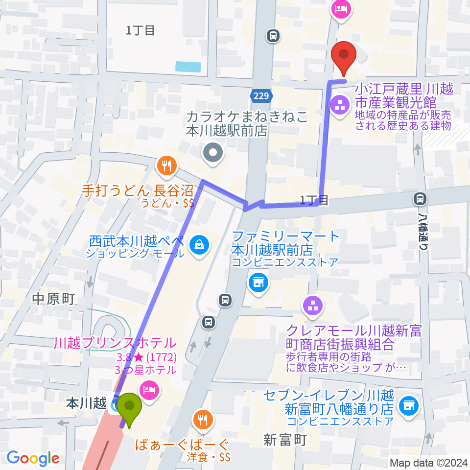 カワイ音楽教室川越センターの最寄駅本川越駅からの徒歩ルート（約7分）地図