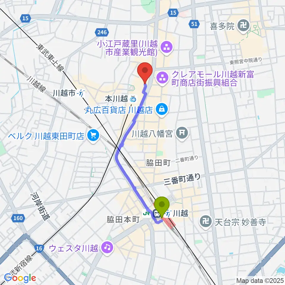 川越駅からバンダレコード本川越ペペ店へのルートマップ地図