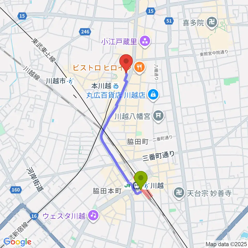 川越駅からバンダレコード本川越ペペ店へのルートマップ地図