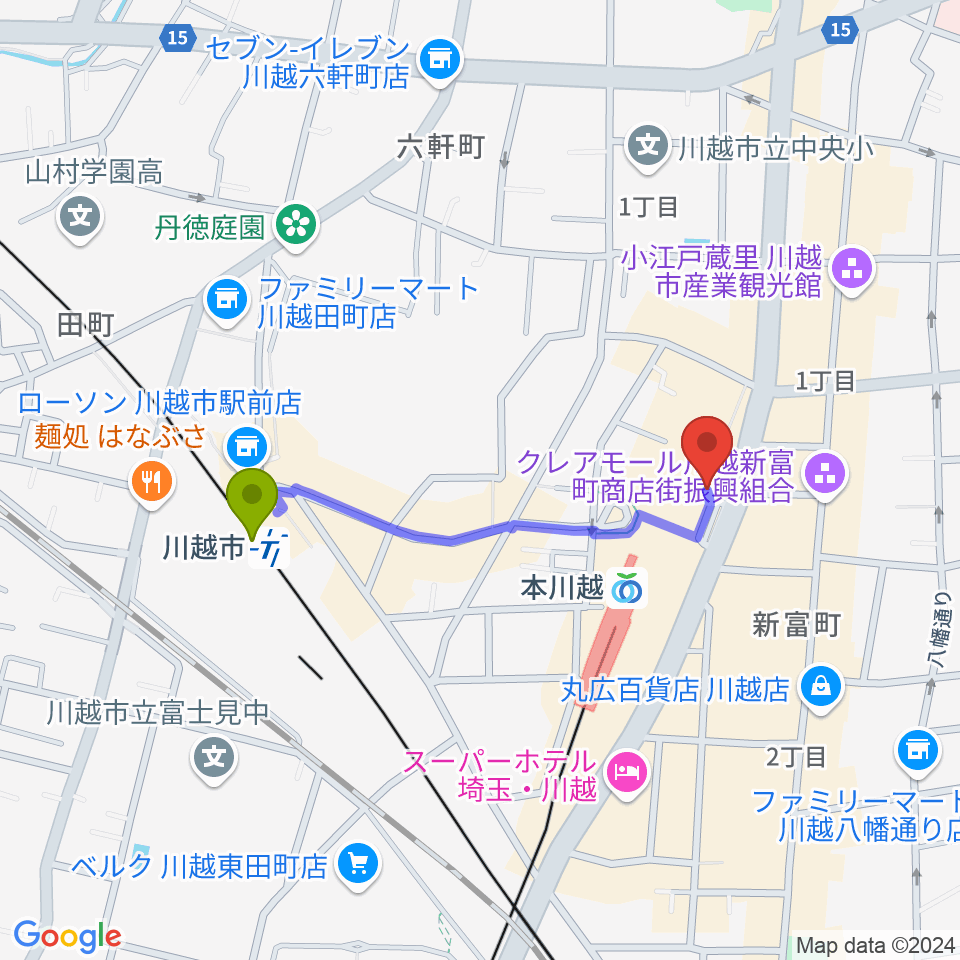 川越市駅からバンダレコード本川越ペペ店へのルートマップ地図