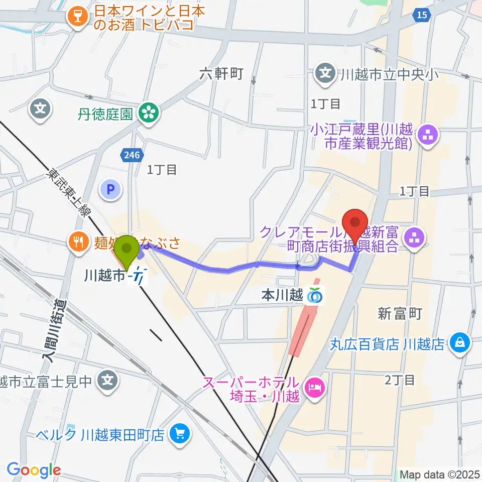 川越市駅からバンダレコード本川越ペペ店へのルートマップ地図