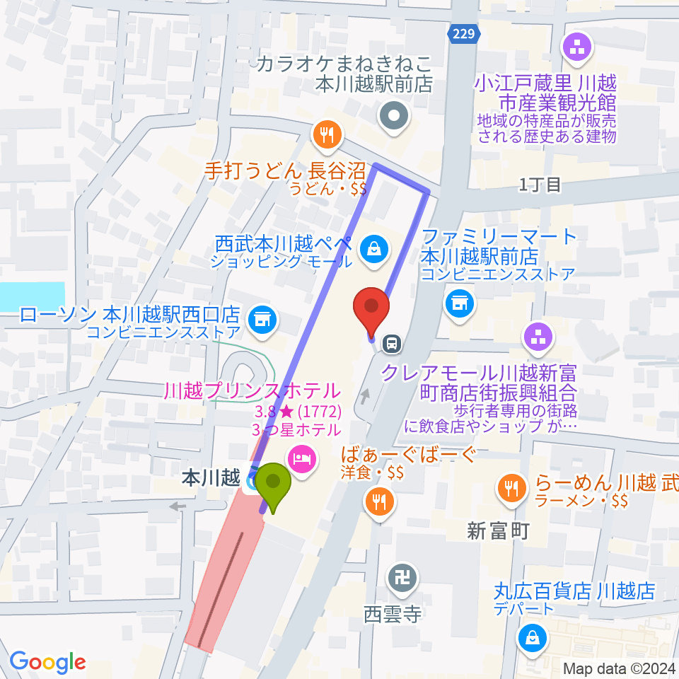 バンダレコード本川越ペペ店の最寄駅本川越駅からの徒歩ルート（約2分）地図