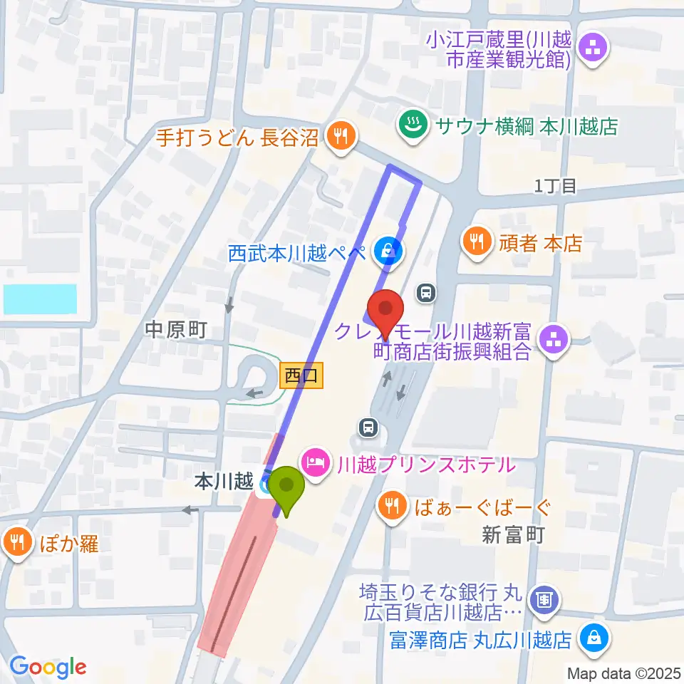 バンダレコード本川越ペペ店の最寄駅本川越駅からの徒歩ルート（約2分）地図