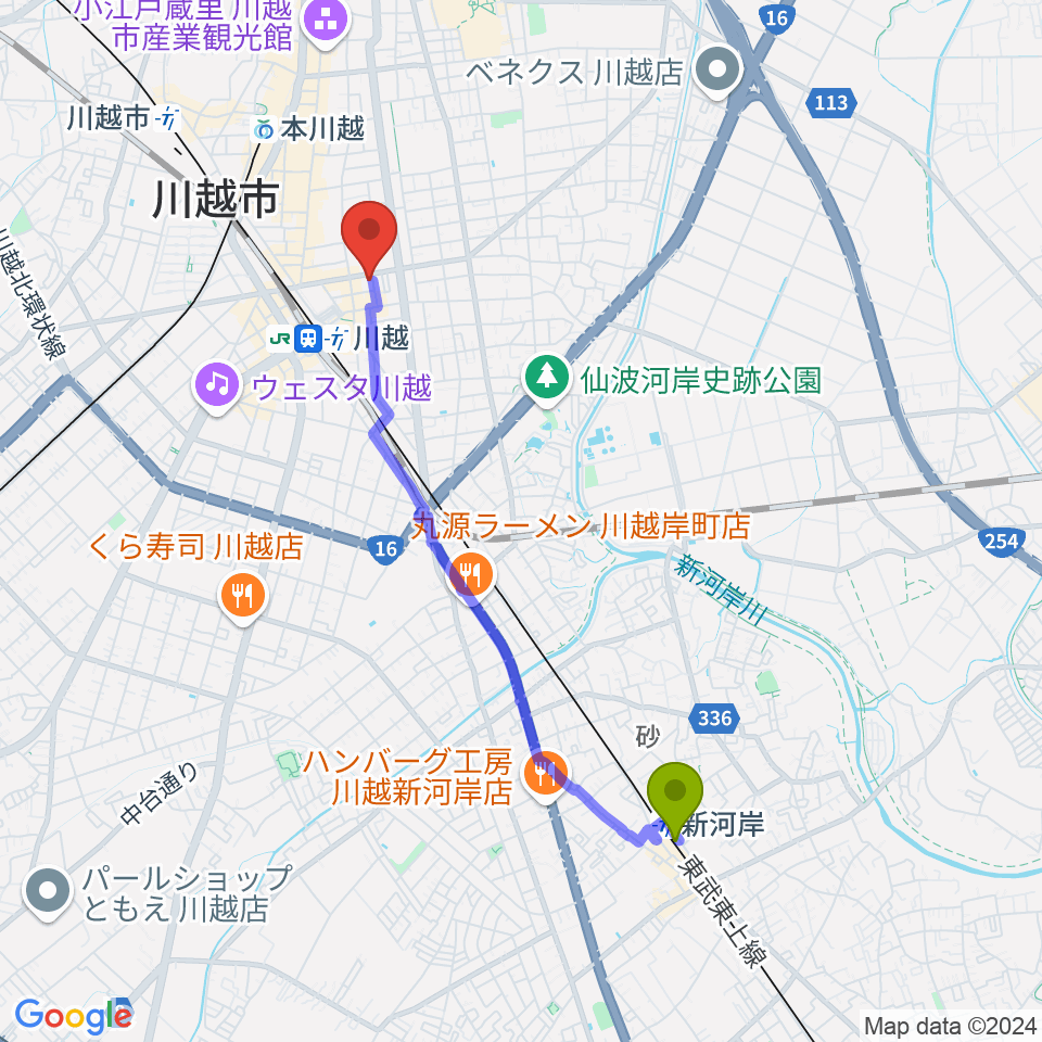 新河岸駅から川越駅東口多目的ホールへのルートマップ地図