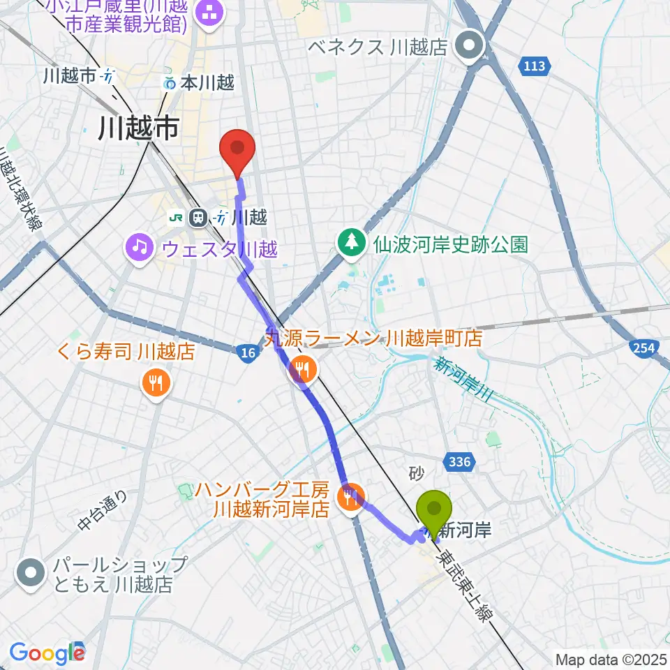 新河岸駅から川越駅東口多目的ホールへのルートマップ地図