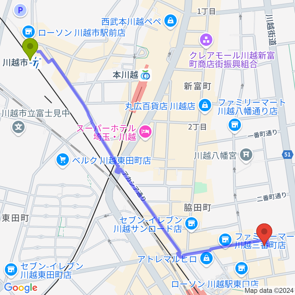 川越市駅から川越駅東口多目的ホールへのルートマップ地図