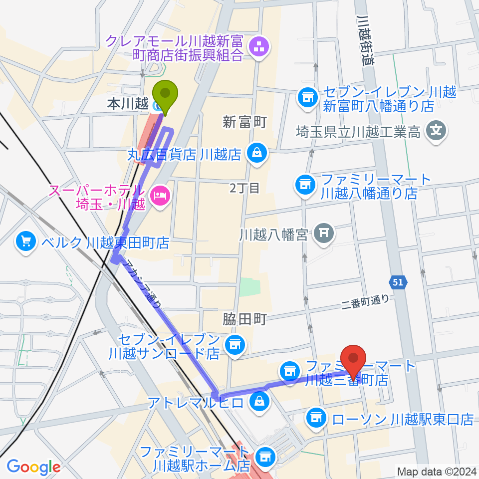 川越駅東口多目的ホールの最寄駅本川越駅からの徒歩ルート（約10分）地図