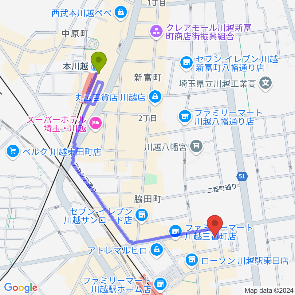 本川越駅から川越駅東口多目的ホールへのルートマップ地図